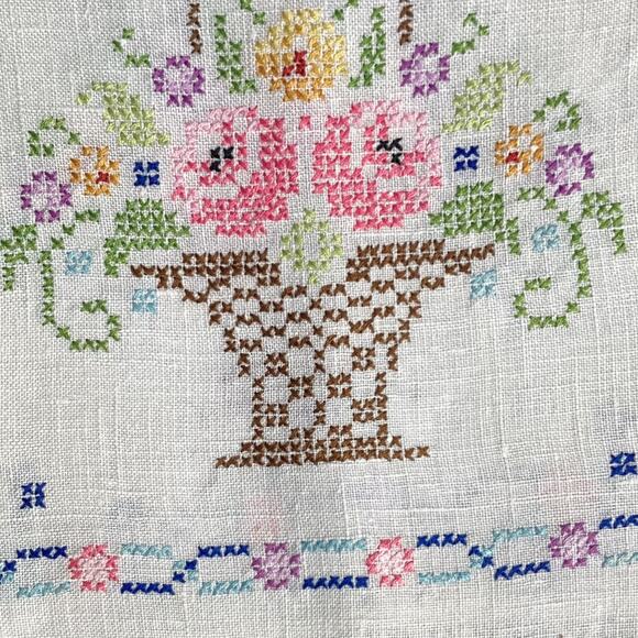 Vintage 40"x12" Hand-Stitched Needlework Tablecloth/Runner Flower Basket w/Trim - Picture 3 of 8